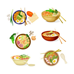 Chinese noodles and chopsticks set. Traditional Asian ramen soup with meat and vegetables cartoon vector illustration