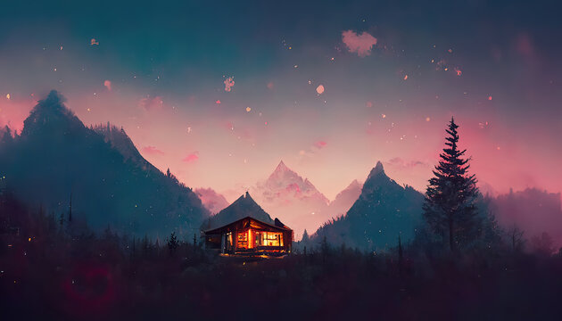 Cozy Lodge, Cabin In The Moutains During Winter. Cold Pink Sunset With Snows In Between Trees And Pine. Dawn, Dusk, Digital Painting. Romantic, Moody Scenery. Love Retreat Illustration. 4k Wallpaper 