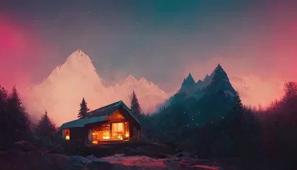 Poster Cozy Lodge, cabin in the moutains during winter. Cold pink sunset with snows in between trees and pine. Dawn, dusk, digital painting. Romantic, moody scenery. Love retreat illustration. 4k wallpaper  © Fortis Design