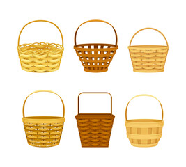 Empty wicker baskets set. Traditional picnic willow basket cartoon vector illustration