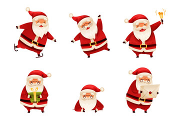 Set of Christmas Santa Claus characters in different activities cartoon vector illustration