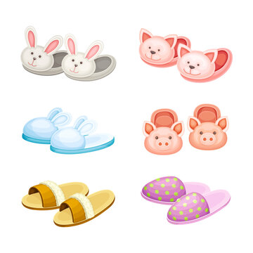 Collection of cute home footwear. Soft fluffy comfortable shoes. Footwear with oig, rabbit, cat animal head cartoon vector illustration
