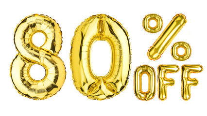 80 Eighty Percent % Off balloons. Sale, Clearance, discount. Yellow Gold foil helium balloon. Word good for store, shop, shopping mall. English Alphabet Letters. Isolated white background.