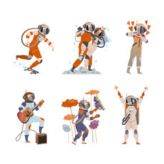 People in spacesuits doing everyday activities while living in space set. Astronauts skateboarding, walking, dating, playing guitar cartoon vector illustration