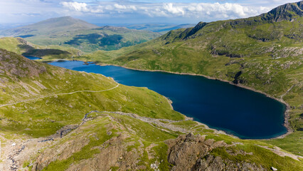 Aerial view of a beautiful mountain lack on the flanks of Mount Snowdon, Wales (Llyn Llydaw, Snowdonia)