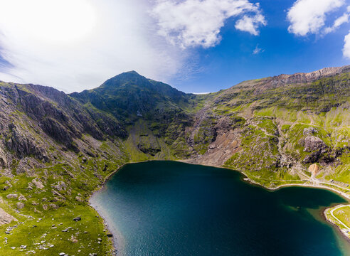 Aerial view of beautiful mountain lakes in North Wales (Llyn Glaslyn, Snowdonia, Wales)