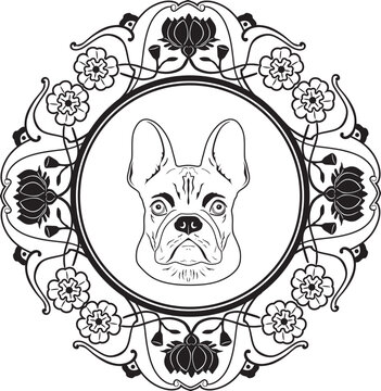 bulldog logo with floral frame handmade design vector