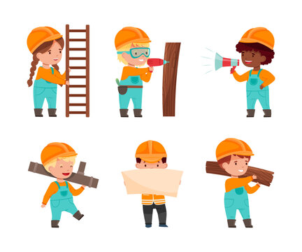 Collection of cute little builders in overalls and safety hats carrying ladder, drilling, shouting on loudspeaker and holding blank banner cartoon vector illustration