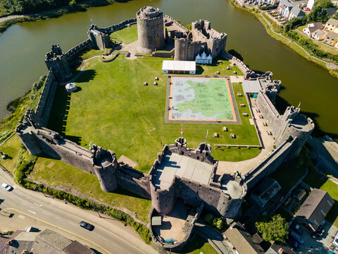 Aerial view of the ruins of historic Pembroke Castle in West Wales