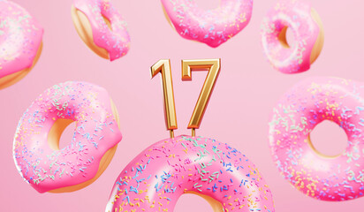 Happy 17th birthday celebration background with pink frosted donuts. 3D Rendering