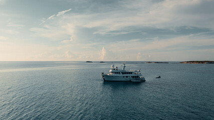 Aerial view of yacht at anchor in the Bahamas