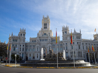 Cibeles fountain and the Palacio de Comunicaiones building, with no traffic in the square, Madird