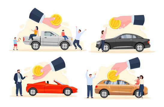 Car Loan Buying Happy Tiny People With Payment Golden Coin Hand Set Vector Flat Illustration