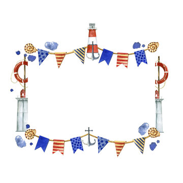 Rectangular frame of watercolor elements - a lighthouse, colored flags, a lifebuoy and shells hand-painted in watercolor on a white background. For invitations, postcards, scrapbooking, design.