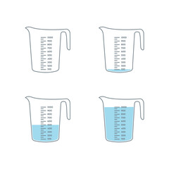 Kitchen measuring cups with various amount of liquid.  Beaker for chemical experiments in the laboratory. Vector illustration