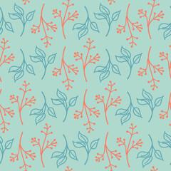 Pink plant on green mint seamless pattern for textile design and vector illustration