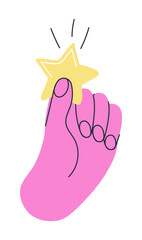Colorful hand holding star. Different gestures sign vector in doddle style. Human hand holds star.