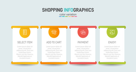 Fototapeta premium Concept of shopping process with 4 successive steps. Four colorful graphic elements. Timeline design for brochure, presentation, web site. Infographic design layout.