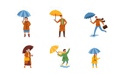 Walking Under Umbrella People Character in Rainy Day Vector Illustration Set
