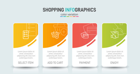 Obraz premium Concept of shopping process with 4 successive steps. Four colorful graphic elements. Timeline design for brochure, presentation, web site. Infographic design layout.