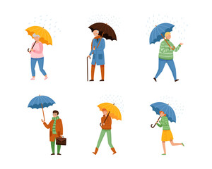 Walking Under Umbrella People Character in Rainy Day Vector Illustration Set