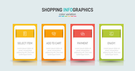 Fototapeta na wymiar Concept of shopping process with 4 successive steps. Four colorful graphic elements. Timeline design for brochure, presentation, web site. Infographic design layout.