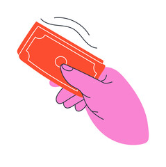 Colorful hands holding paper, cash, money. Different gestures sign vector.
