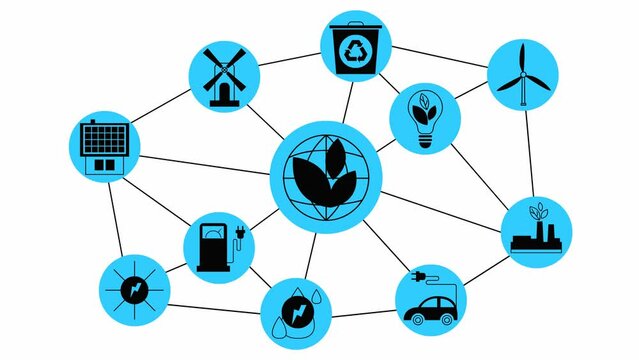 Animated flat eco icons in the white circles. Flat blue symbols for sustainable energy, renewable energy, green technology, ecology care. Vector illustration on white background.