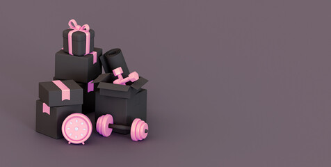 Delivery of sporting goods on Black Friday. Boxes with dumbbells and a gift. For big grandiose promotions. 3d rendering illustration