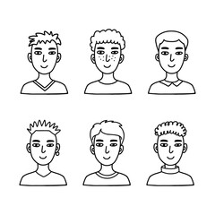 Doodle boy faces set. Hand drawn human avatar collection. Portraits of teenagers on a white background