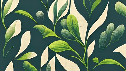 Green plant and leafs pattern. Pencil, hand drawn natural illustration. Simple organic plants design. Botany vintage graphic art. 4k wallpaper, background. Simple, minimal, clean design. - obrazy, fototapety, plakaty