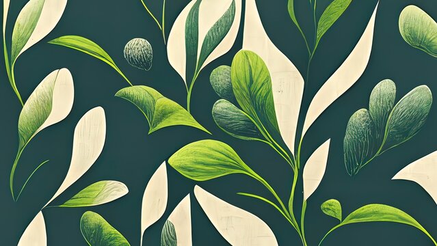 Green plant and leafs pattern. Pencil, hand drawn natural illustration. Simple organic plants design. Botany vintage graphic art. 4k wallpaper, background. Simple, minimal, clean design.