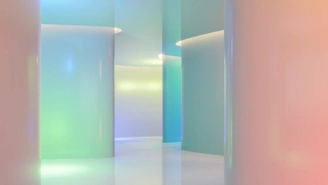Animation of modern colorful space interior with curve wall 3d render, There are glossy floor and ceiling decorate with hidden light.