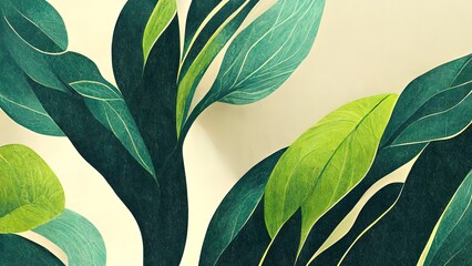 Green plant and leafs pattern. Pencil, hand drawn natural illustration. Simple organic plants design. Botany vintage graphic art. 4k wallpaper, background. Simple, minimal, clean design.