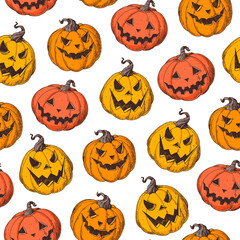 Halloween Pumpkin seamless pattern. Hand drawn vector illustration. Jack o Lantern. Vintage design for the holiday Halloween. Design template.