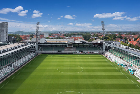 Panoramic aerial drone summer view on Viborg Stadion (Energi Viborg Arena), home stadium for football club Viborg F.F. (VFF). Viborg, Denmark - August 2022