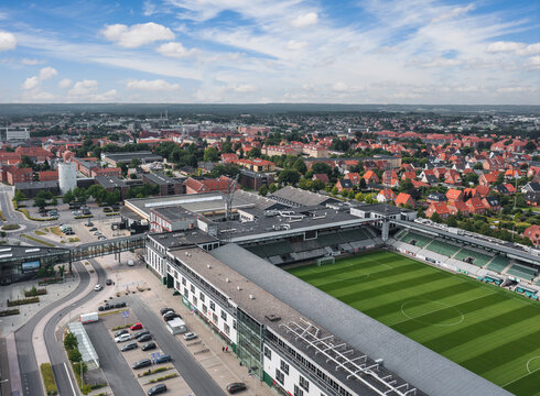 Panoramic aerial drone summer view on Viborg Stadion (Energi Viborg Arena), home stadium for football club Viborg F.F. (VFF). Viborg, Denmark - August 2022