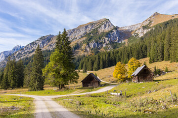 Fototapeta na wymiar Idyllic mountain landscape with cabins and autumn colors. Location is the Gesäuse national park in Styria, Austria