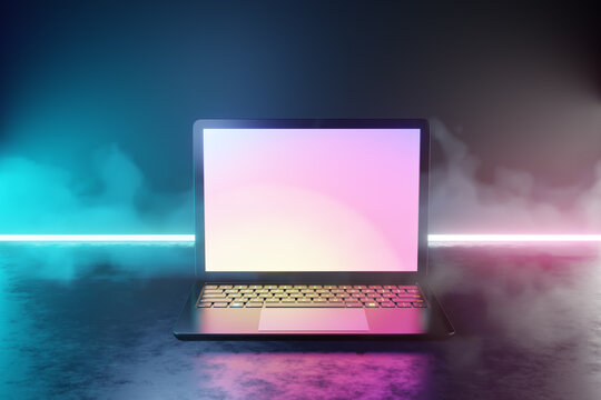 3D illustration rendering. Laptop computer silver and black color blank screen with led line blue pink light color smoke effect.