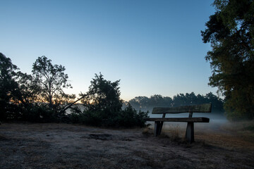 Traumhafter Sonnenaufgang bei Nebel in der Heide