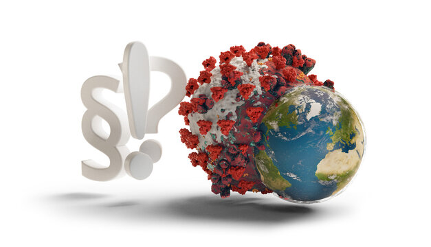 paragraph exclamation mark and question mark next to a big mutated virus cell eating the planet earth globe 3d-illustration. elements of this image furnished by NASA