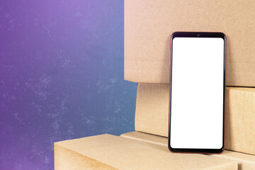 Mock up phone. Smartphone on cardboard boxes. Cellphone fo storage ads. Phone with blank white screen. Application for renting warehouse concept. Rental Storage Units. Carton boxes. 3d image.