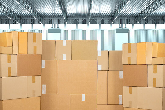 Crowded warehouse. Cardboard boxes are stacked on top of each other. Warehouse building with many boxes. Large hangar with parcels. Concept of lack storage space. Storage company. 3d rendering.