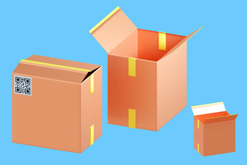 Set boxes. Carton boxes. Parcels made of cardboard of different sizes. Several boxes On turquoise background. Open and closed parcels. Packaging for goods made of cardboard. 3d rendering.