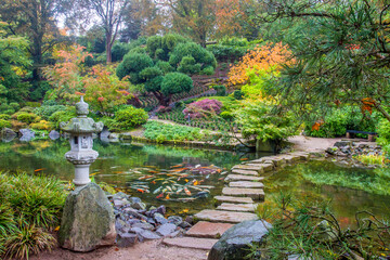 scenic view of autumn nature in the Japanese garden in Kaiserslautern