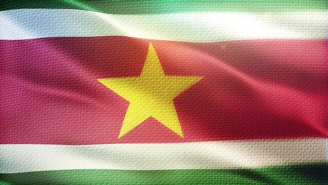 Flag of Suriname. Beautiful detailed texture fabric waving in the wind.