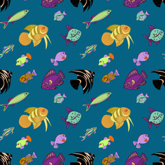 marine tropical fish seamless pattern, aquarium fish blue background, ocean depth, diving vacation, beach vacation