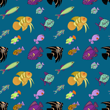 marine tropical fish seamless pattern, aquarium fish blue background, ocean depth, diving vacation, beach vacation