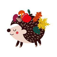 illustration of cute cartoon hedgehog character carrying mushrooms and red apple with colorful leaves for autumn time concept designs