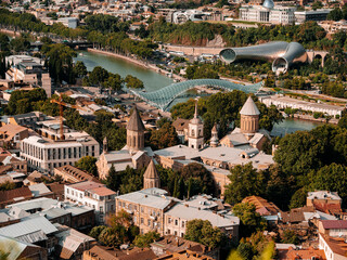 Aerial view on tiblisi and river Kura Mtkvari .Capital of Georgia. Tbilisi , Georgia 25.07.2022 © By Hickirit
